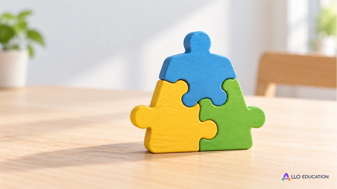 Des pièces de puzzle en bois coloré assemblées sur une table claire.