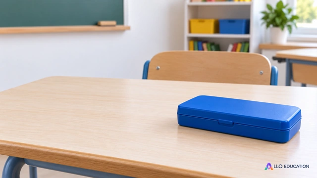 Une boîte de crayons bleue unie, fermée, sur une table de classe.