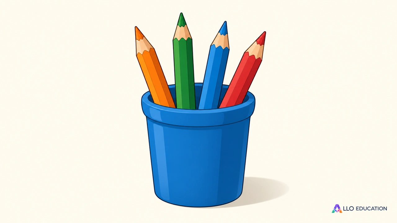 Un pot bleu contenant quatre crayons de couleurs, entier sur fond clair.