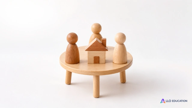 Trois figurines réunies autour d’une table et d’une petite maison en bois.