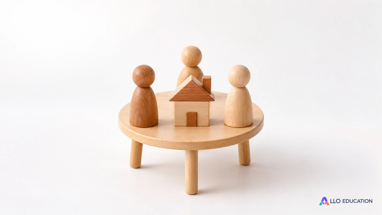 Trois figurines réunies autour d’une table et d’une petite maison en bois.