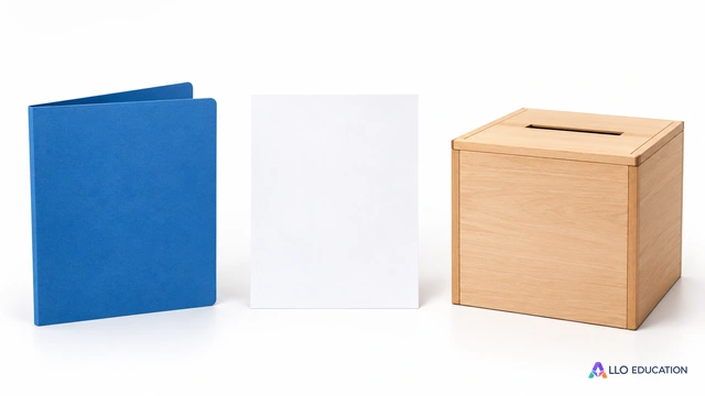 À gauche un dossier cartonné bleu sans texte ; au centre une feuille blanche ; à droite une urne pédagogique en bois clair sans inscription.