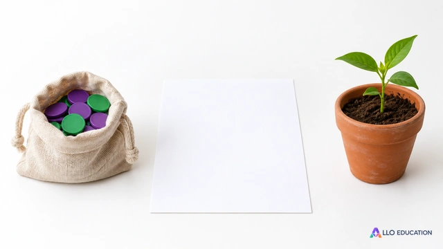 À gauche un petit sac de toile contenant des jetons unis violets et verts ; au centre une feuille entièrement vierge ; à droite une jeune plante en pot de terre cuite