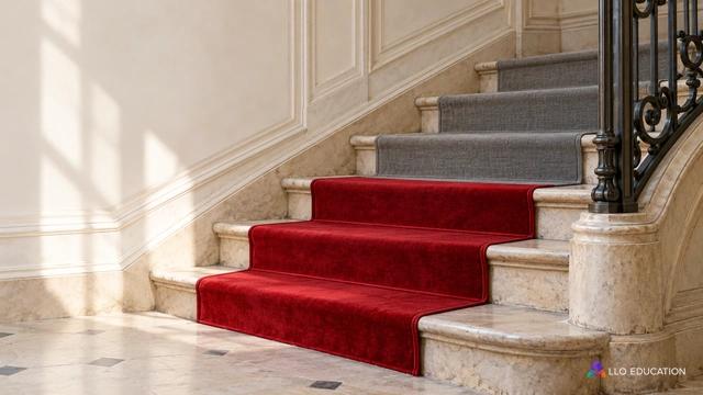 Fragment d’escalier : un tapis rouge cède la place à une toile grise.