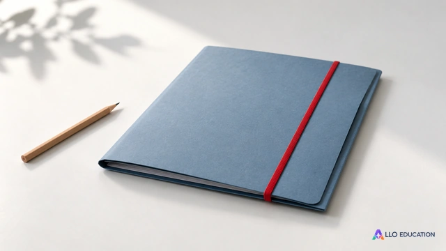 Chemise bleu gris fermée avec un élastique rouge et un crayon neutre.