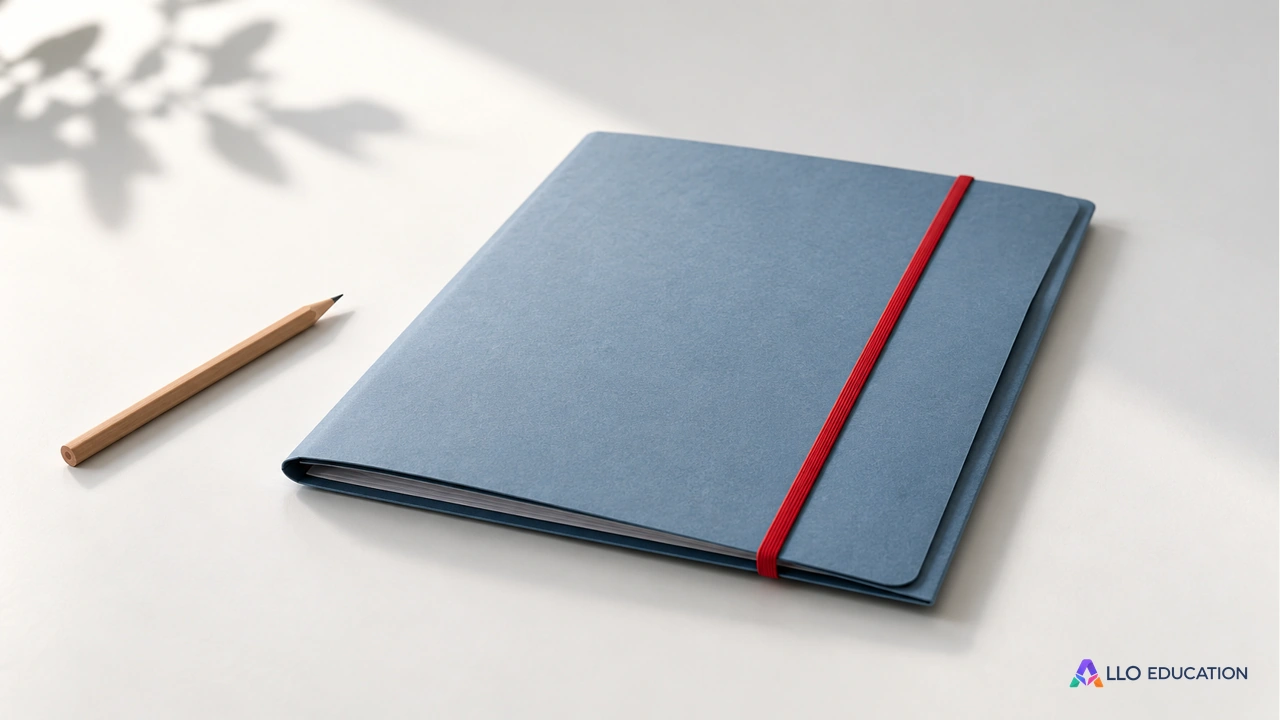 Chemise bleu gris fermée avec un élastique rouge et un crayon neutre.