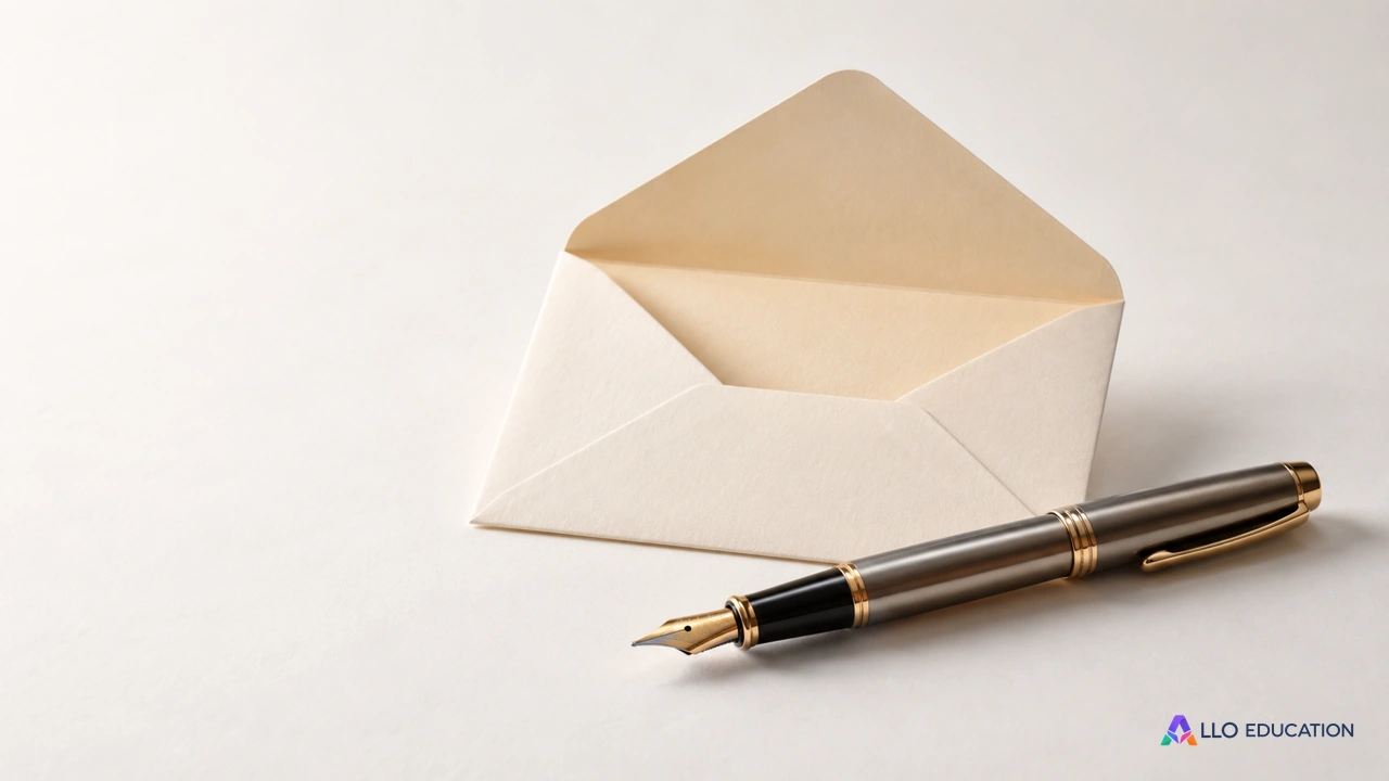 Une plume métallique posée près d’une enveloppe ouverte unie, sur fond clair, évoque une parole écrite destinée à circuler.