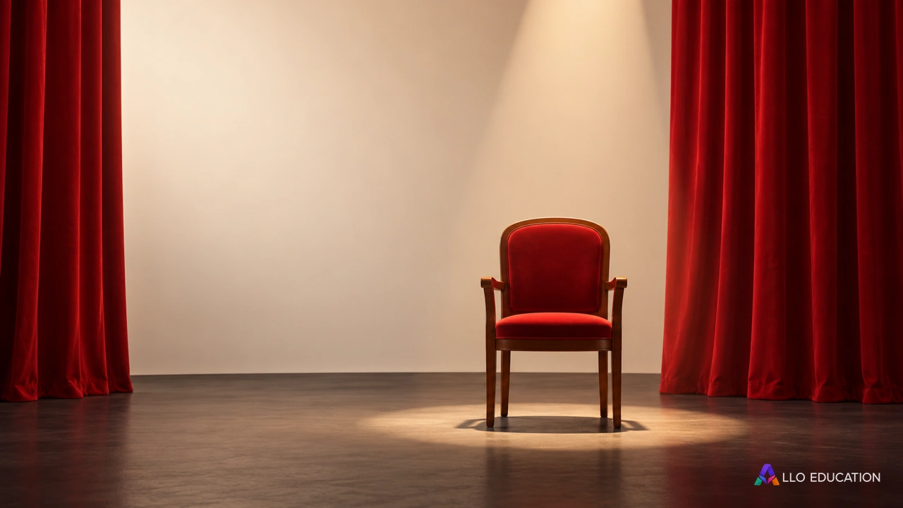 Une chaise de théâtre vide, centrée dans un petit cercle de lumière, devant deux pans de rideau rouge uni.