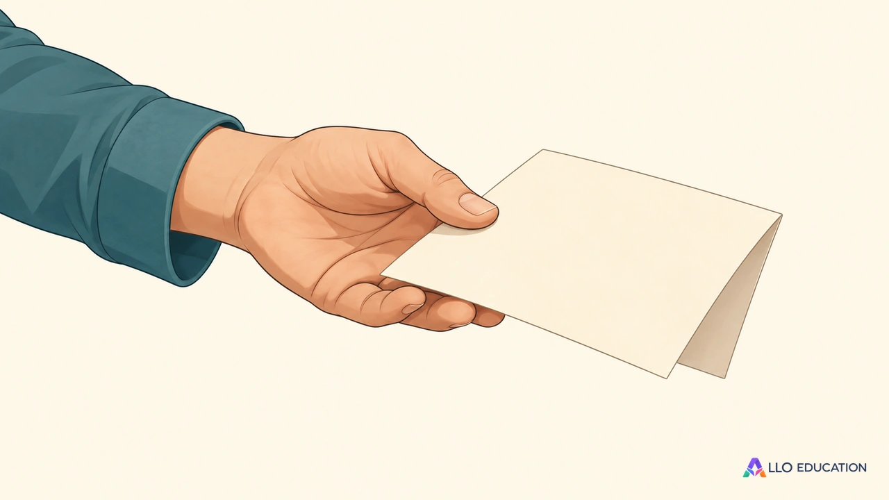 Une main ouverte tend une feuille pliée sans inscription, sur fond clair.