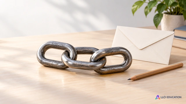 Trois maillons reliés à côté d’une enveloppe et d’un crayon.