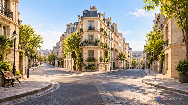 Un carrefour fictif ouvre plusieurs rues entre des façades urbaines.