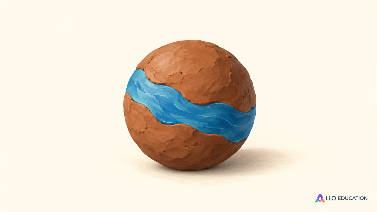 Une petite sphère de terre modelée mêle argile brune et eau bleue sur un fond clair.