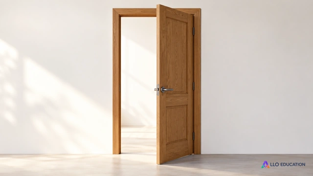 Une porte de bois entrouverte dans son cadre, isolée sur un fond clair.