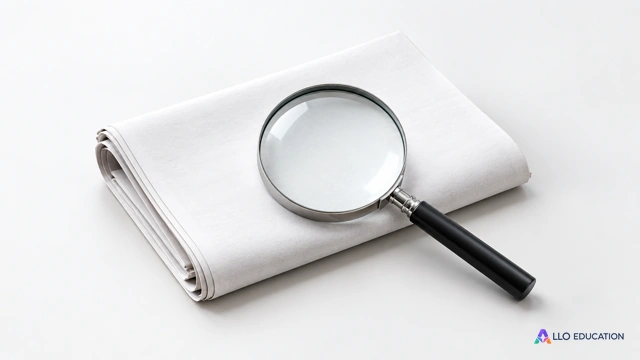 Une loupe posée sur un journal plié entièrement vierge, objet central sur fond clair, suggère la vérification d’une information.