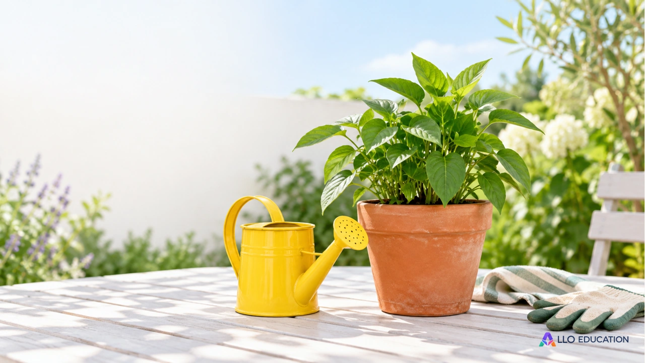 Un arrosoir jaune est posé près d’une plante verte en pot.