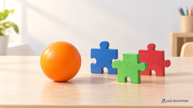 Un ballon orange près de trois pièces de puzzle en bois de couleurs différentes, sans signe, sur une table claire.