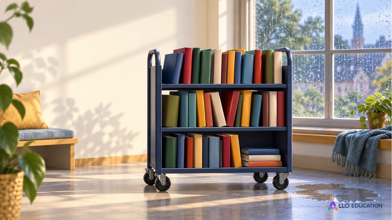 Un chariot de livres à couvert, près d’une fenêtre pluvieuse.