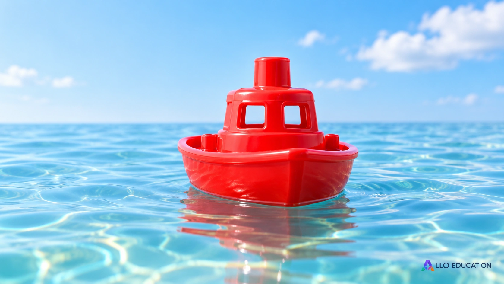 Un petit bateau-jouet rouge flottant sur une eau claire et calme.
