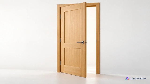 Porte simple en bois clair entrouverte, isolée dans son cadre sur fond clair.