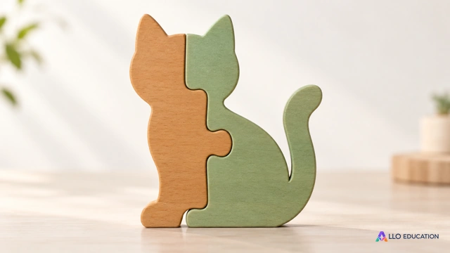 Deux pièces de puzzle réunies en une forme de chat, pour annoncer des mots qui forment un groupe.