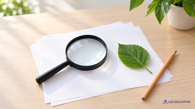 Une loupe sur des feuilles de papier blanc sans inscription, avec une feuille de plante et un crayon, sur une table claire.