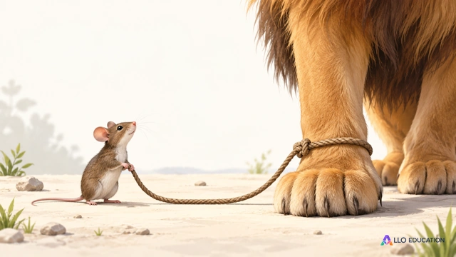 Une grande patte de lion, un petit rat et une corde détendue.