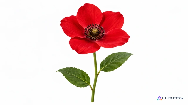 Une fleur rouge entière avec sa tige verte et deux feuilles, sur fond clair.