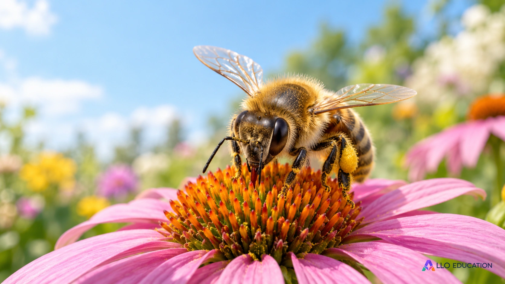 Vue rapprochée d'une abeille posée sur une fleur du jardin.