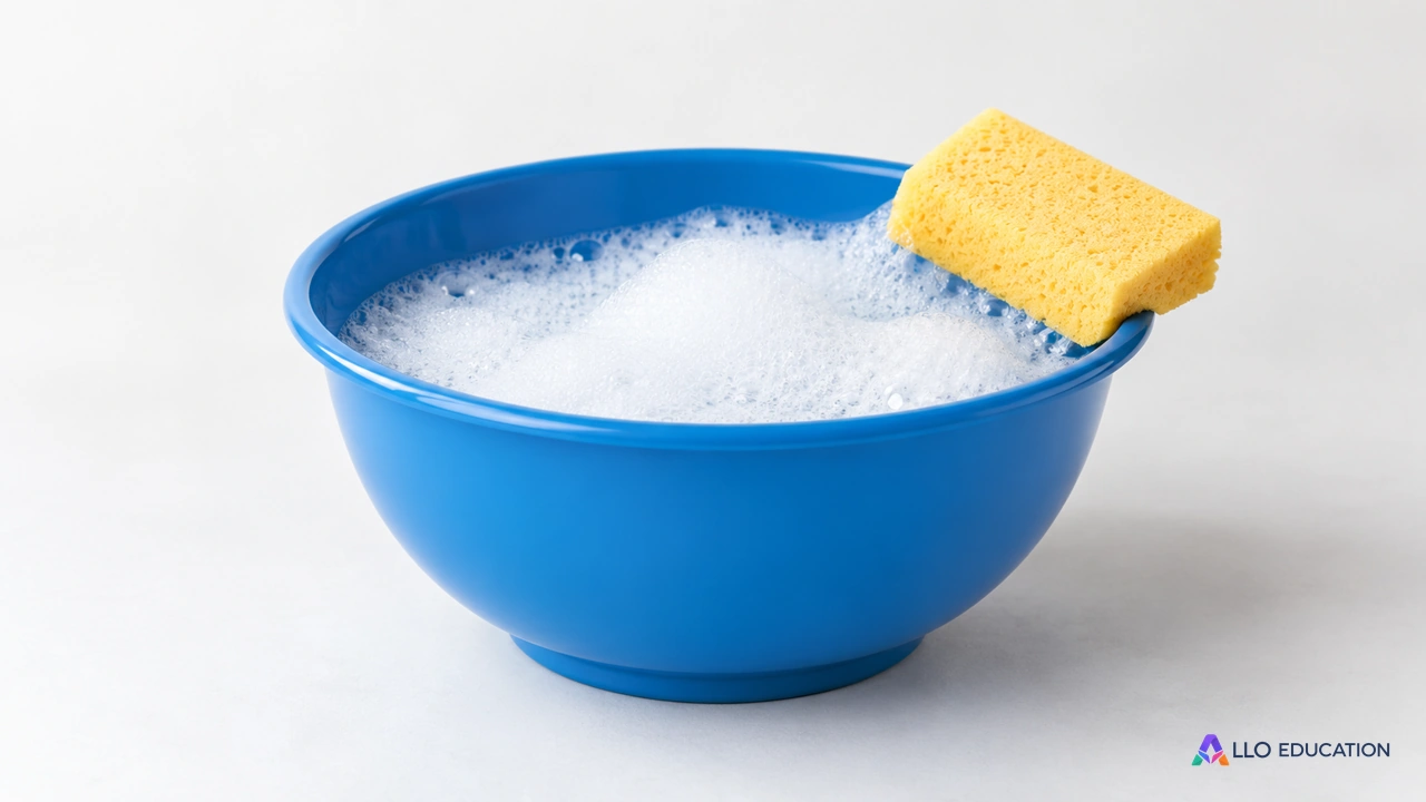 Un bol bleu unique avec de la mousse et une éponge, isolé sur fond clair.