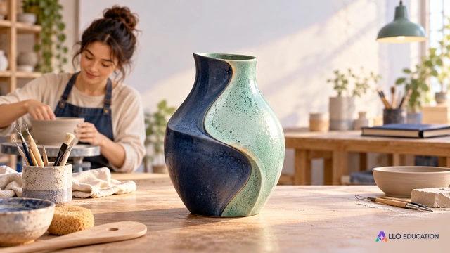 Un vase original en céramique domine le premier plan d’un atelier.
