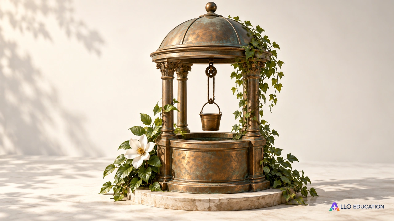 Un puits circulaire en bronze sous une petite coupole, entouré de feuilles et d’une fleur, création originale.