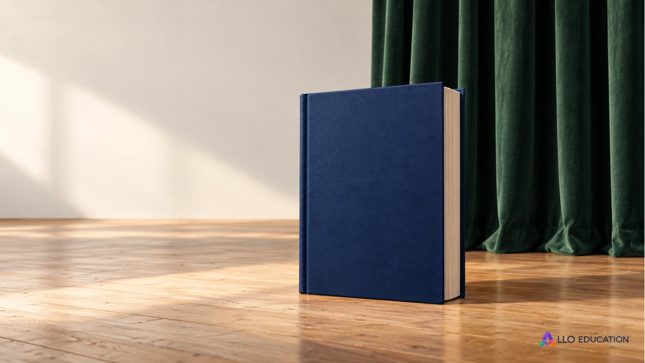 Un livre bleu fermé sur une scène de bois, accompagné d’un rideau vert : explorer un dialogue de théâtre.
