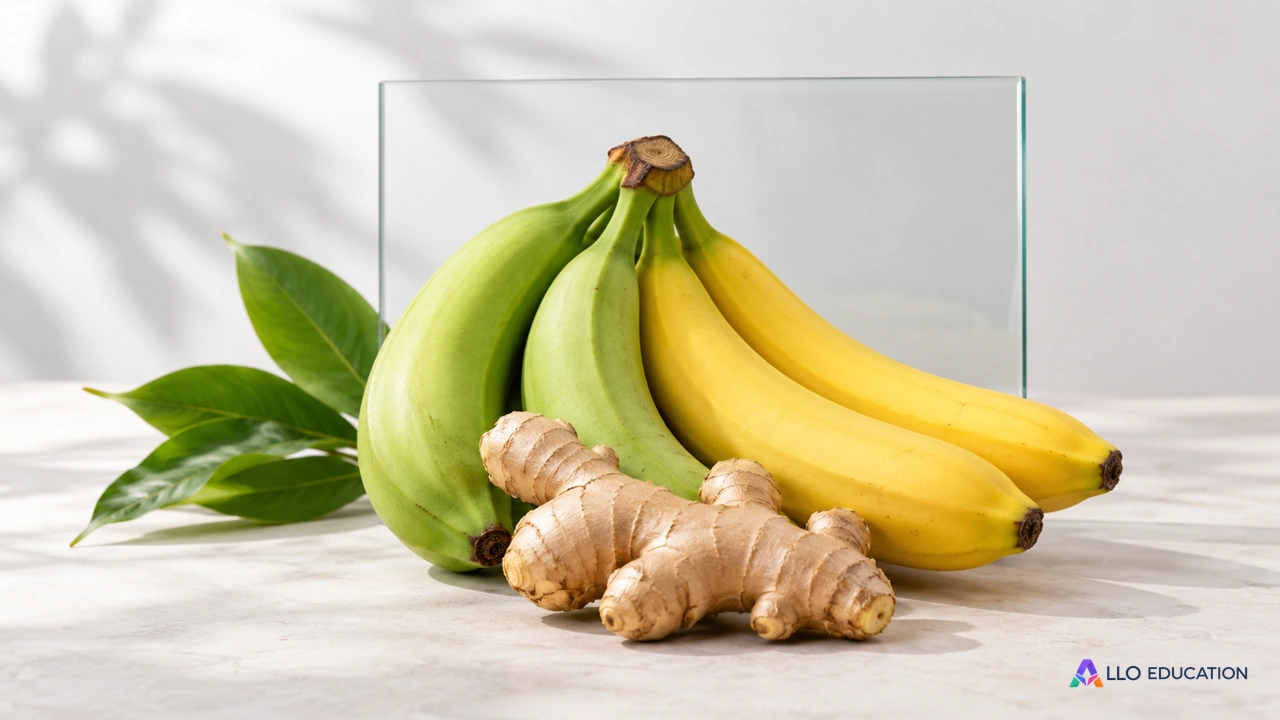 Des bananes vertes et jaunes et une racine de gingembre devant un morceau de vitre neutre, objets isolés sans étiquette.