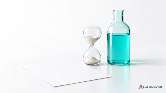 Sablier transparent et bouteille turquoise sans graduation près d’une feuille vierge.