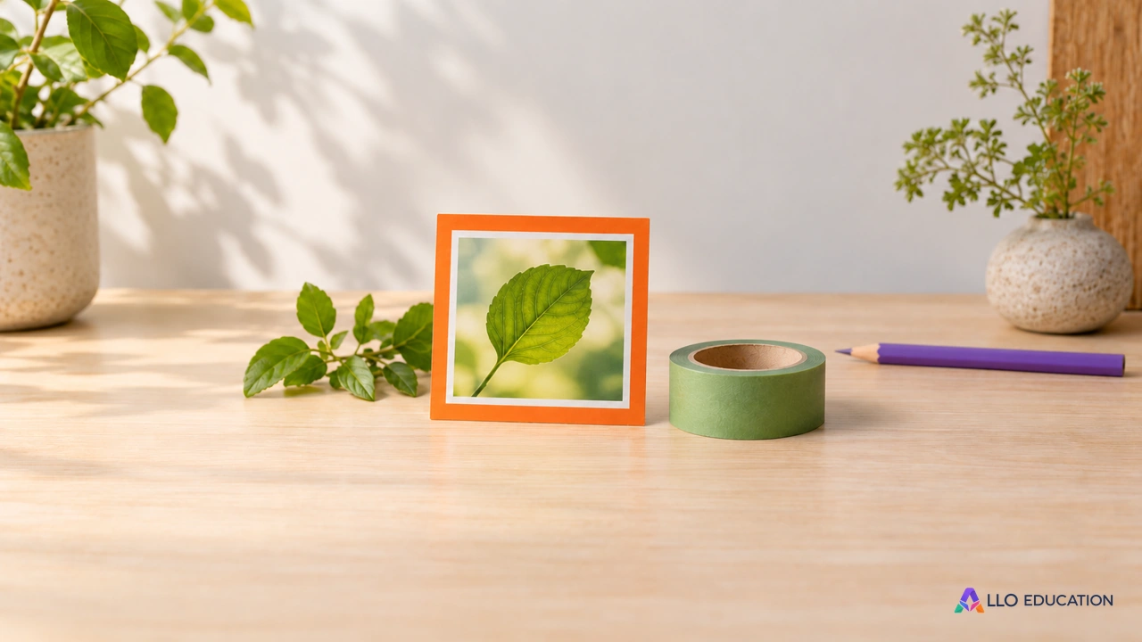 Tirage carré orange avec une feuille imaginaire, crayon violet et adhésif vert, pour évoquer une longueur à calculer.