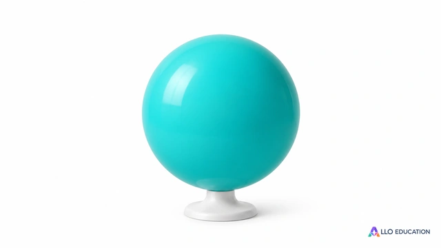 Sphère turquoise lisse sur un petit socle blanc, modèle illustré sans mesure.