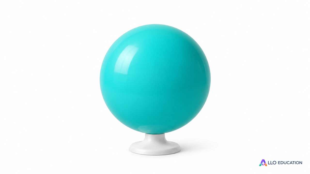 Sphère turquoise lisse sur un petit socle blanc, modèle illustré sans mesure.