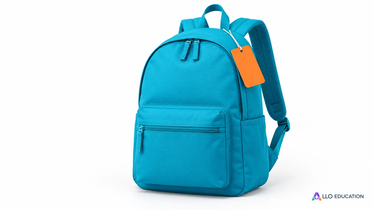 Un sac turquoise avec une étiquette orange vierge, sans prix réel.