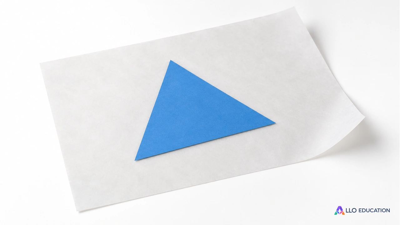 Une pièce triangulaire bleue sur une feuille de calque, sans données à mesurer.