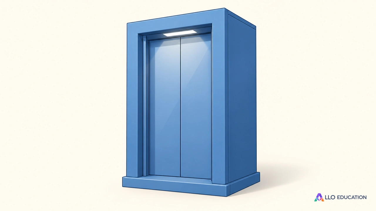 Un petit ascenseur bleu entier, sans numéro ni inscription.