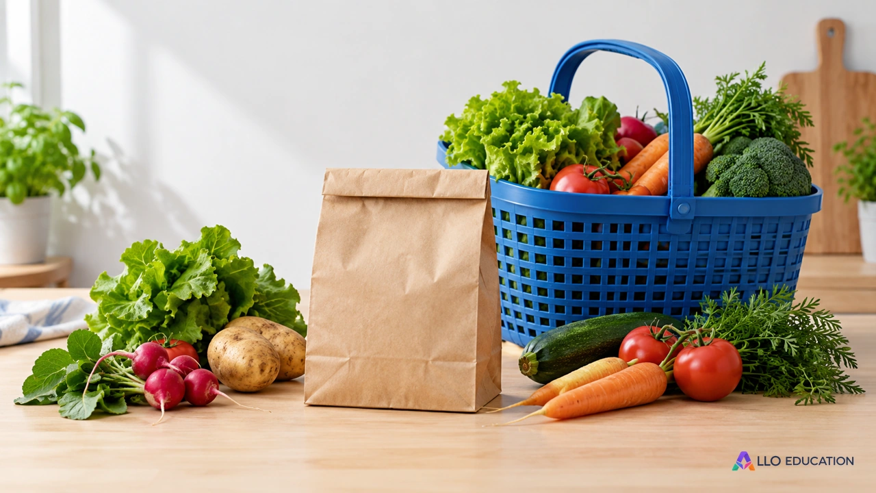 Sac de provisions et panier pour annoncer un calcul de masse totale.
