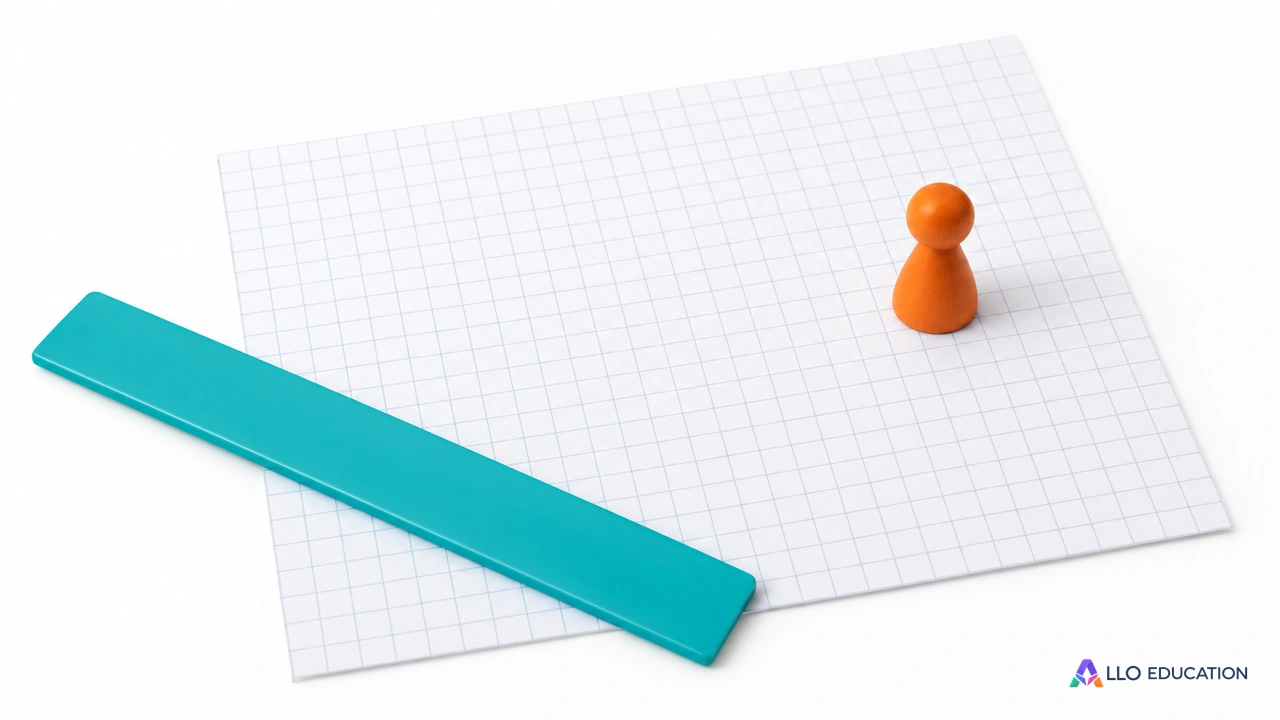 Papier quadrillé, règle turquoise et pion orange, sans coordonnées à lire.
