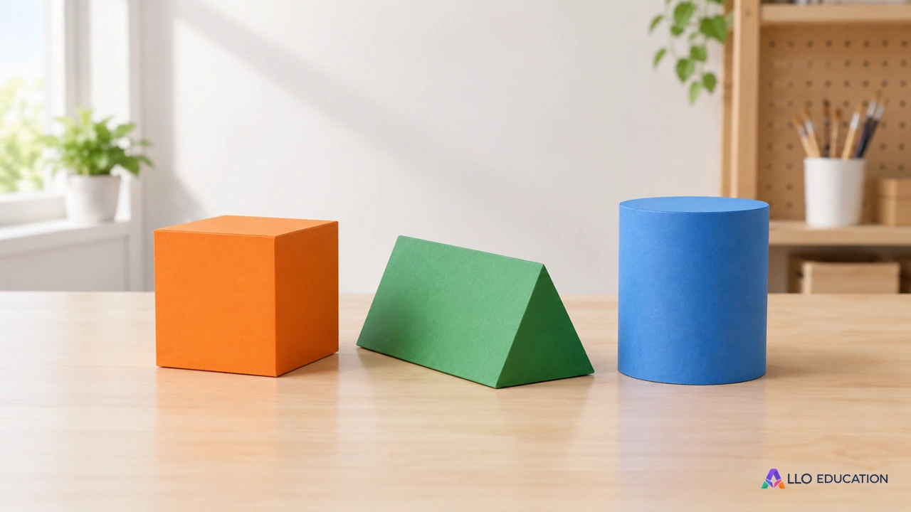 Modèles physiques de cube, prisme et cylindre pour annoncer l’étude des solides.