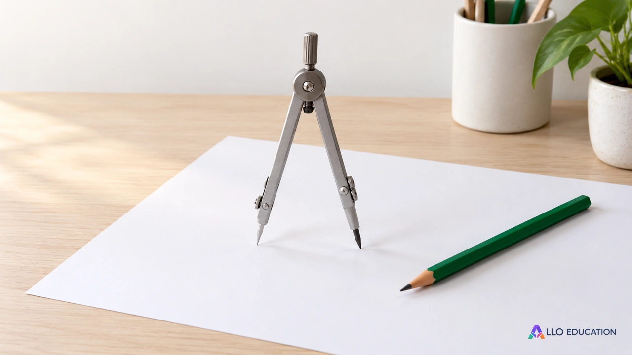 Compas et crayon sur une feuille blanche pour construire des emplacements géométriques.
