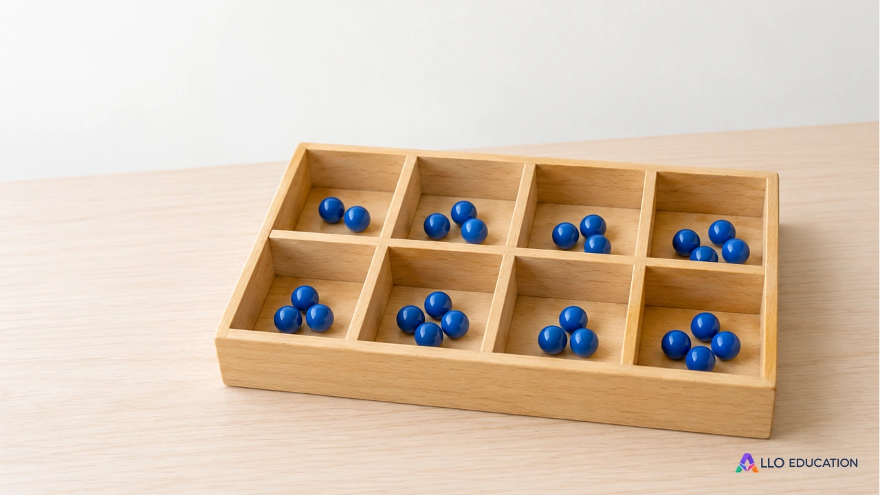 Un organiseur en bois avec des perles bleues rangées dans des compartiments.
