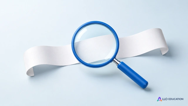 Une loupe bleue au-dessus d’une bande de papier vierge.