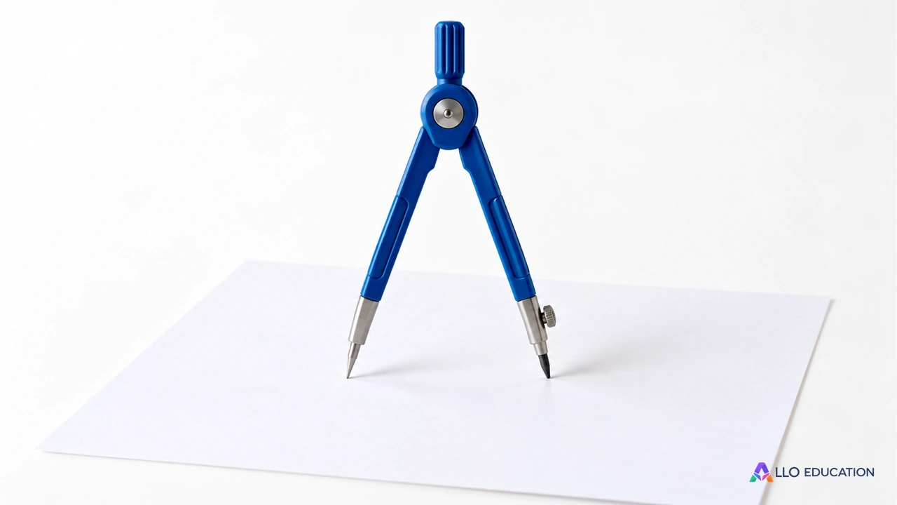 Un compas bleu entier posé au-dessus d’une feuille blanche vierge.