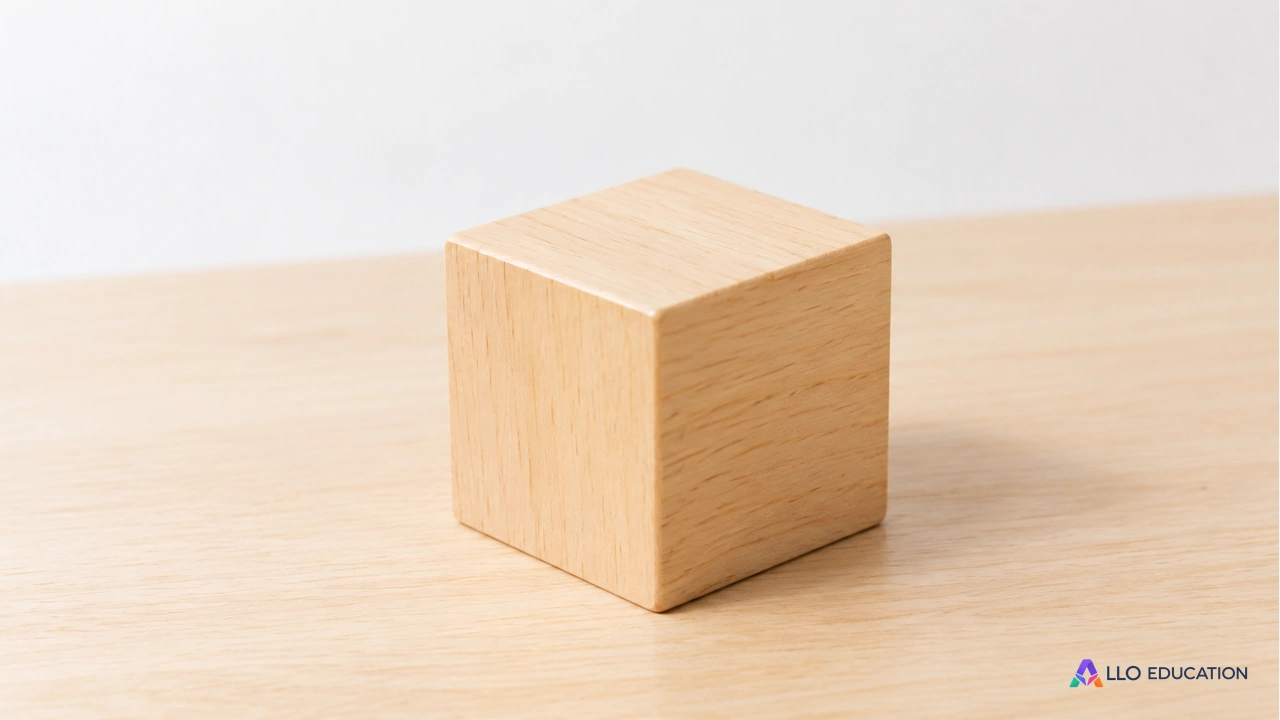 Un cube en bois clair, sans inscription, posé seul sur une table.