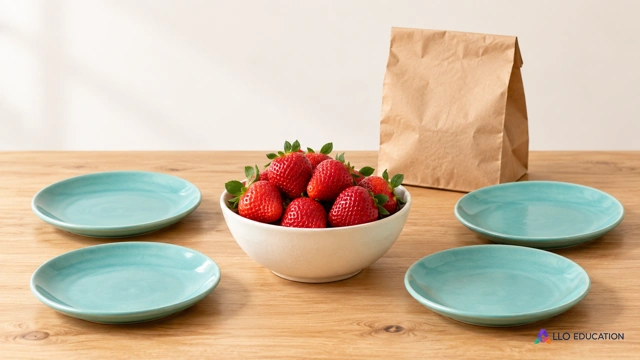Fraises, assiettes et petit sac sur une table de préparation.
