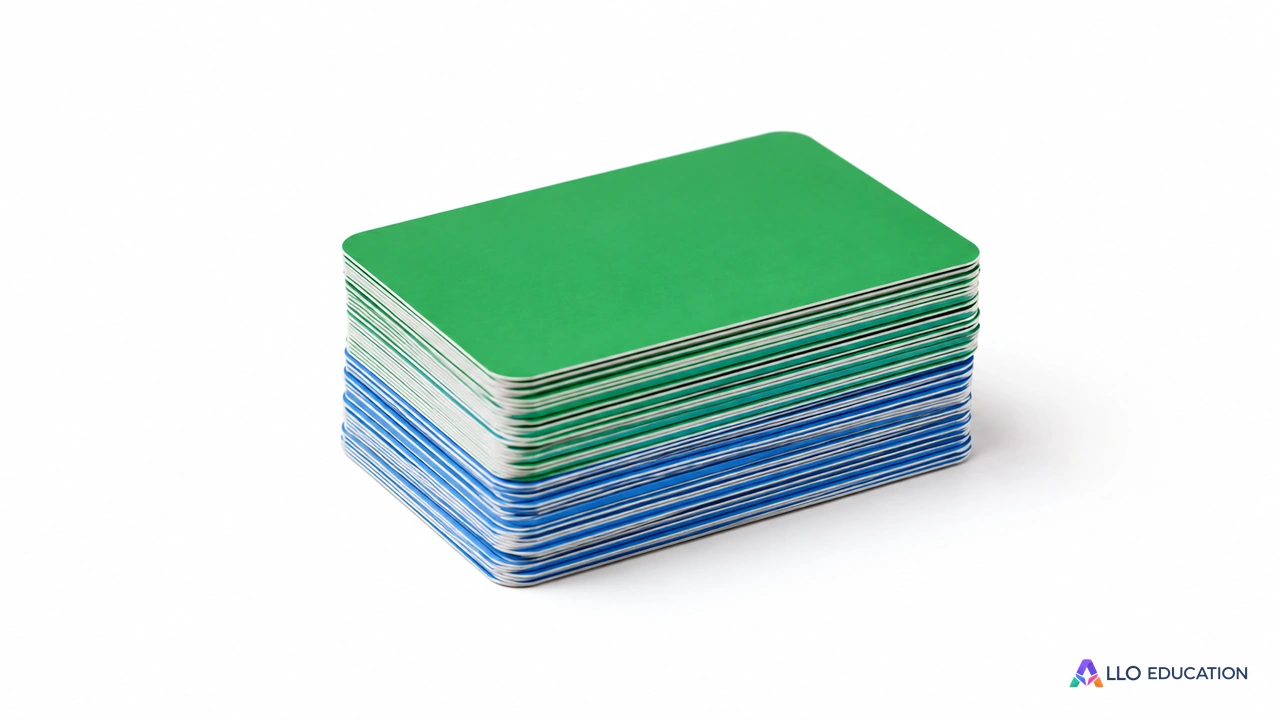 Une pile de cartes aux dos unis verts et bleus, sans nombre ni signe à lire.